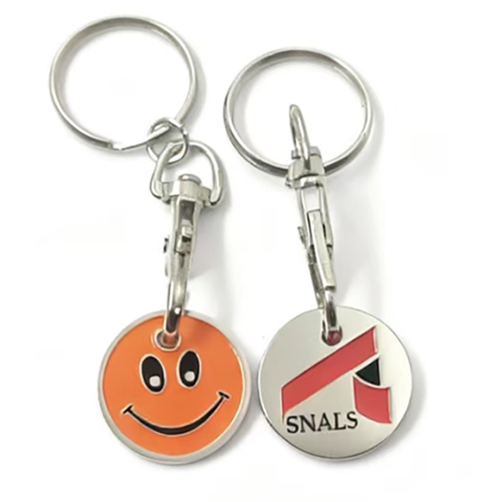 Custom Engraved Logo Metal Cart Chip for Supermarket Soft Enamel Trolley Shopping Cart Token Coin Keychains Holder
