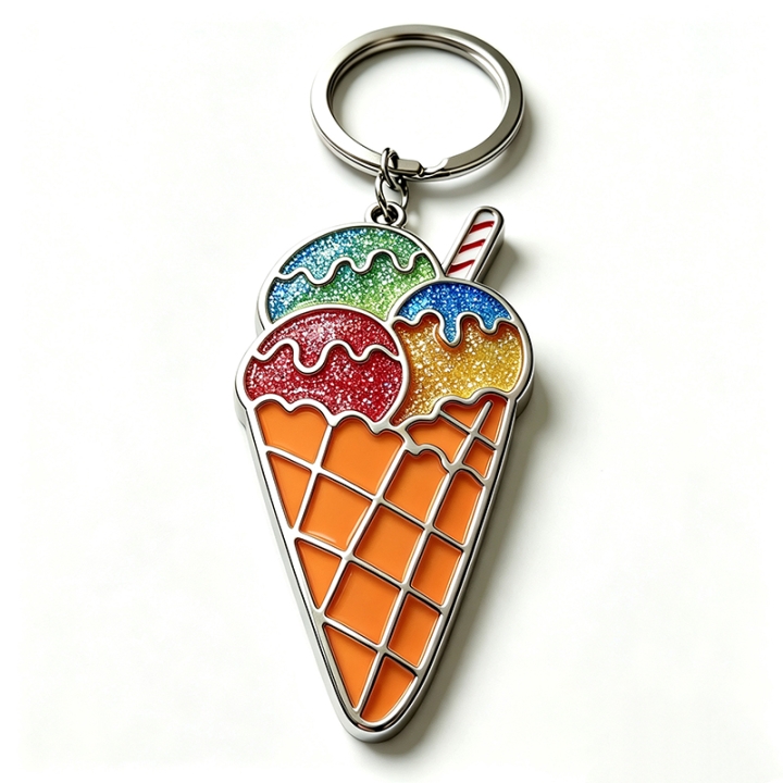 Color Glitter Ice-Cream Cone Metal Keychain